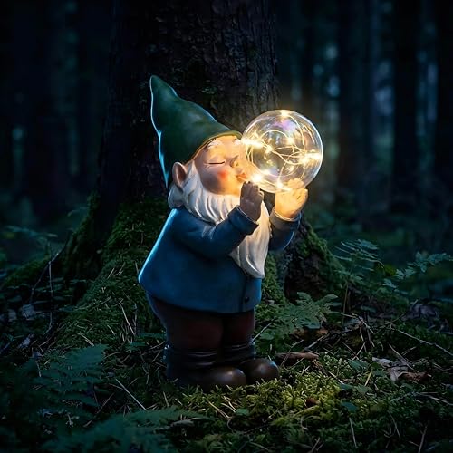 Lune cle Solar Garden Gnome Statue with Light-Up Bubble, Whimsical