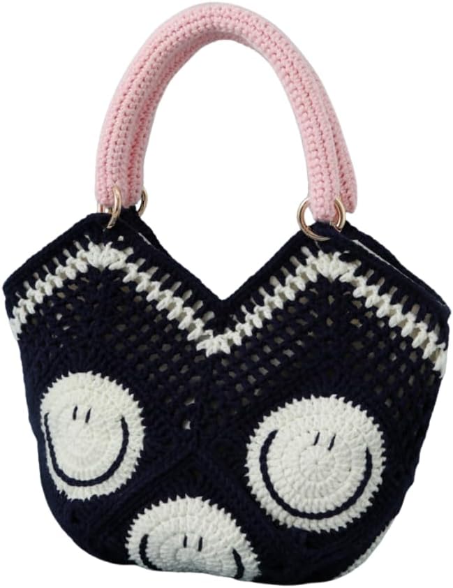 Crochet Bohemian Style Tote Bag Jacquard Wool Knit Shoulder Beach Handbag for Women With Big Smiling Face