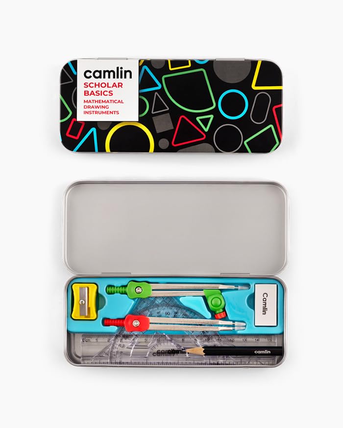 Image of Camel Scholar Basics Geometry Box - Premium 12-Piece Technical Drawing Set in Sturdy Metal Case for School & Professional Use