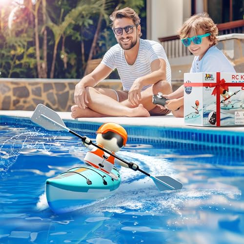 iPlay, iLearn Kids Remote Control Boat Toy, Toddler RC Kayak Paddle Boat Bath Toys Boy 4-8-12, Water Race Boat W/Light Outdoor Pool Lake, Stocking Stuffer Birthday Gift 5 6 7 9 10 Year Old Child -Blue