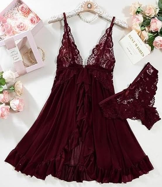 Image of Women's Lace Babydoll Lingerie Set, Black, Deep V-Neck, Sheer Mesh, Ruffle Hem, with Panty