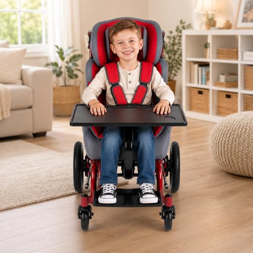 Image of Reclining Pediatric Wheelchair for Kids with Special Needs,Pediatric Mobility Wheelchair with Adjustable Reclining Backrest, 5-Point Safety Harness, Removable Tray, Padded Side Support, Red
