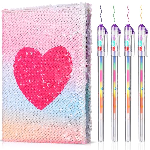 Image of Outus 4 Pcs Sequin Girls Journal Valentines Journal Gift with Color Gel Ink Pens Glitter Notebook Flip Writing Diary for Kids Girl Writing Drawing Travel Gifts(Gradient AB Color,Heart)