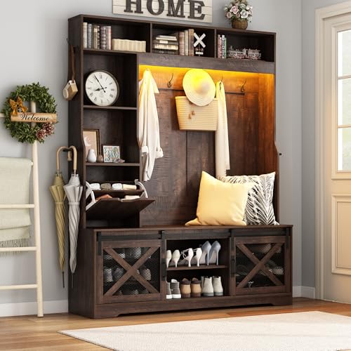 Large LED Farmhouse Hall Tree with Bench