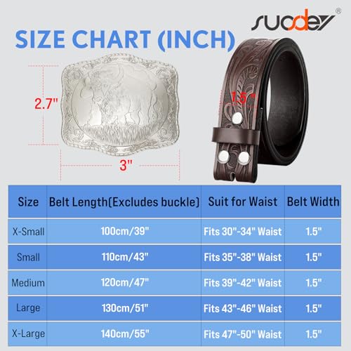 SUOSDEY Western Genuine Leather Belt with Silver Bull Embossed Buckle for Men,Cowboy Engraved Belts for Jeans,1.5" Width4