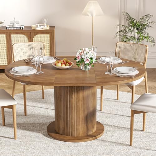 59 inch Adjustable Size Round Dining Table for 4 6, Unique Design Modern Farmhouse Kitchen Table, Fluted Base for Home Dining Room Living Room(Walnut)