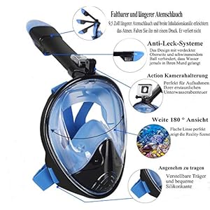 Schnorchelmasken 51FDNHuR7oL. SS300 🌊【Innovatives Atmungssystem】 Die Tauchmaske versiegelt oder öffnet den Ball auf der Oberseite des Rohrs automatisch durch Auftrieb und Schwerkraft. Der faltbare Schnorchel verhindert, dass während des Tauchens Meerwasser in die Maske eindringt, und versorgt Sie mit genügend Sauerstoff, damit Sie sicher und glücklich im Wasser schwimmen können
🌊【Hochwertiges Material】Schnorchelmaske besteht aus ultradickem Spiegelmaterial, um Tiefseewasserdruck zu widerstehen, sicher zu versiegeln und nicht zu knacken, Polycarbonat-Kunststoff kann Augen und Gesicht beim Tauchen effektiv schützen, lebensmitteltauglicher Silikonschutz gegen allergische Hautreizungen und andere Hautprobleme
🌊【Humanisiertes Design】Das 180 °Vollgesichtsdesign der Tauchmaske bietet Ihnen die beste Sicht während des Tauchens. Das Antibeschlagdesign der Tauchmaske ermöglicht es Ihnen, die Unterwasserwelt während des Tauchens klar zu sehen. Das auslaufsichere Silikondesign ermöglicht es Ihnen Sie müssen sich keine Sorgen über das Austreten von Meerwasser machen und können so ein komfortables und sicheres Erlebnis beim Schwimmen oder Tauchen gewährleisten