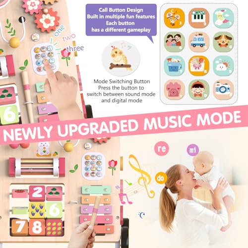 Andador de Madera para Bebé con Ruedas – Baby Juguete Montessori para Aprender a Caminar – Centro de Actividades para Niños y Niñas de 1 Año – Altura y Velocidad Ajustables – bebés +12 (Rosa) - imagen 6