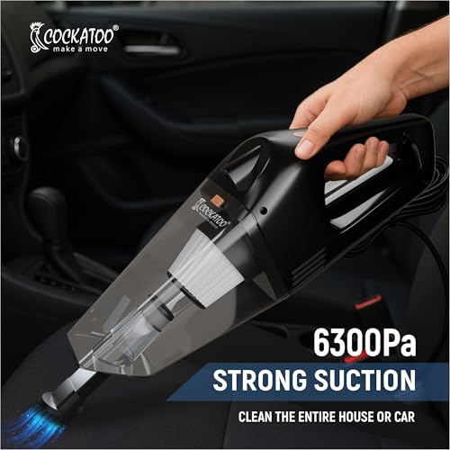 Image of Cockatoo WL-X07 Handheld Vacuum Cleaner for Car, 12V DC Car Port Power, 6300Pa Suction, 5M Long Cord, LED Light, Suction Nozzle, Brush, Long Hose, Portable Car Cleaning Tool, Black