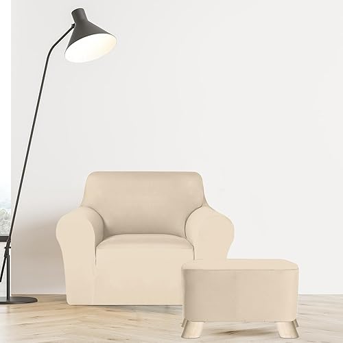Miniatura 7 de Juego de fundas para silla y otomana, funda de cojín en forma de T, de seda de leche, protector de muebles, sofá suave para sillón otomano (Begie)