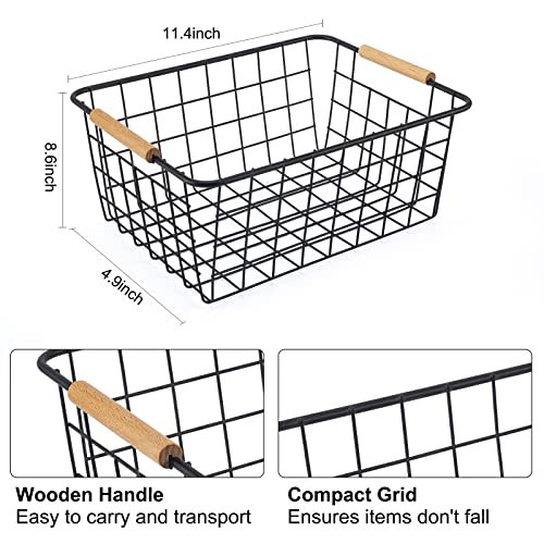Wire Storage Baskets with Wooden Handles for Kitchen Organization - Black 2PCS