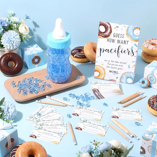 Image of Roowest 512 Pcs Baby Shower Games Guess How Many Pacifiers Sign 100 Small Guessing Games 10 HB Pencils 750ml Milk Bottle 400 Acrylic Pacifiers Decoration for Guest Gender Reveal (Blue,Donut)