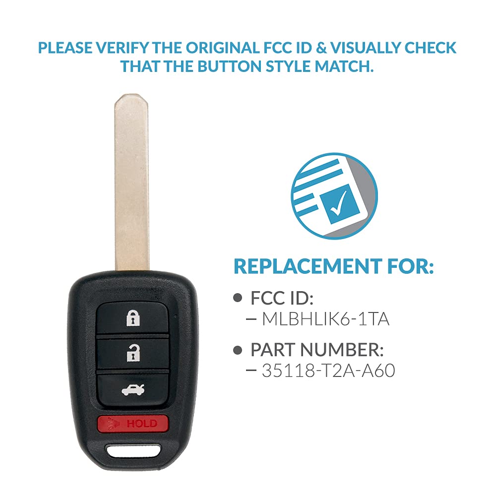 Keyless2Go Repuesto para llavero remoto de entrada sin llave para vehículos Honda Accord y Civic seleccionados 2016 2017 35118-T2A-A60