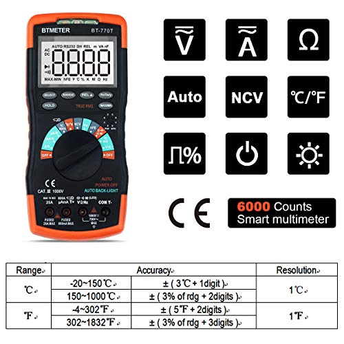True Rms Digital Multimeter Tester 6000 Counts Ac Dc 20A Ohmmeter Voltmeter Dmm Measure Voltage Current Amp Resistance Diodes Continuity Duty-Cycle Capacitance Temperature (Btmeter Bt-770T) #TOP2