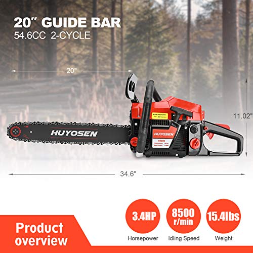HUYOSEN 54.6CC 2-Stroke Gas Powered Chainsaw, 20-Inch Chainsaw, Cordless Handheld Gasoline Power Chain Saws for Cutting Trees, Wood, Garden and Farm(5520E Black Red).
