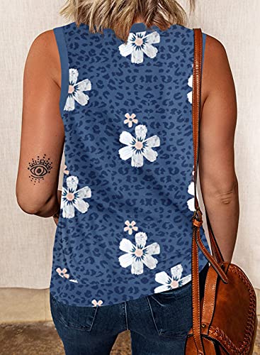 Shewin Womens Summer Crewneck Sleeveless Sunflower Daisy Floral Print Basic Tank Tops Casual Soft Camisole Shirts Cute Tops Loose Fit,Us 8-10(M),Blue,Leopard #TOP2