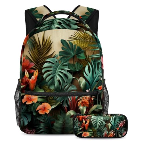 Sac d'école à motif tropical et sa trousse pour un quotidien scolaire stylé