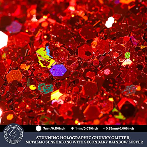 LEOBRO Holographic Red Chunky Glitter 160G/5.64OZ, Resin Glitter Powder Sequins Flakes for Christmas - Image 3