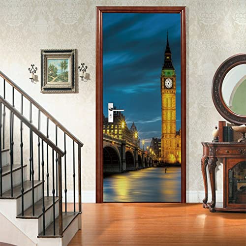 A.Monamour Sticker Porte Autocollant Poster De Porte 3D Le Palais De Westminster Big Ben La Nuit À Londres Vinyle Affiche De Porte Sticker Mural Papier Peint...