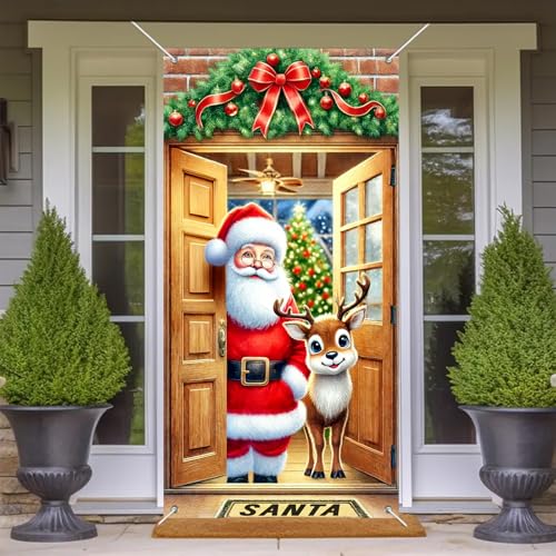 Image of BlissYard Christmas Door Banner Reindeer 35x71 Inch Polyester