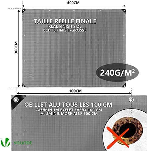 VOUNOT 3x4m Tarpaulin Heavy Duty 240 g/m² Waterproof Tarp Large Ground Camping Sheet with Eyelets for Outdoor Furniture Caravan Car Cover, Grey