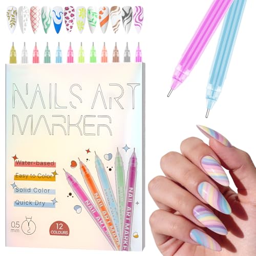 AOOWU Bolígrafos de Arte de Uñas 3D, 12 Colores Boligrafo 3D Pintauñas, Bolígrafo de 0,5 mm para DIY Bolígrafo Manicura Niñas, Pintura Acrílica a Base de Agua Pincel Liner para Casa y Salón