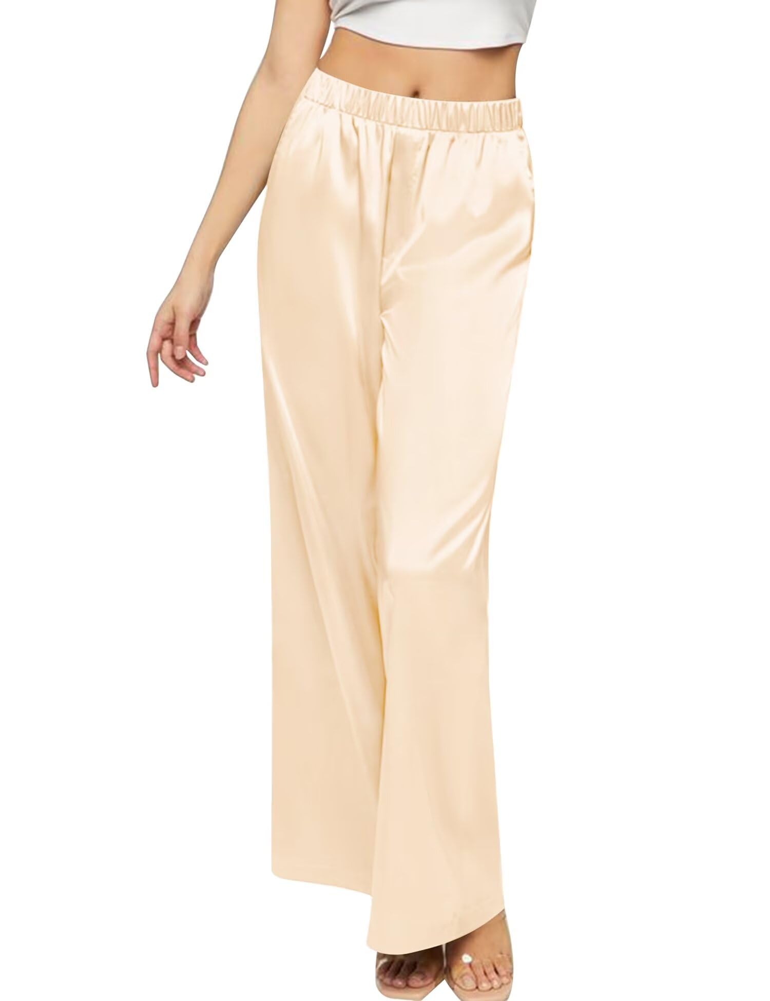 SWOMOG Women's Silk Satin Pajama Pants Longs Silky Sleep Pants Loungewear Trousers Elastic Waist Lounge Pj Bottoms