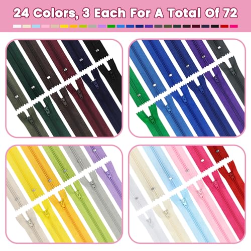 Image of Zippers, DOITEM 72 pcs Zippers for Sewing 25cm /10 Inch Multicolor Nylon Coil Zippers for Sewing and Crafts 24 Colors