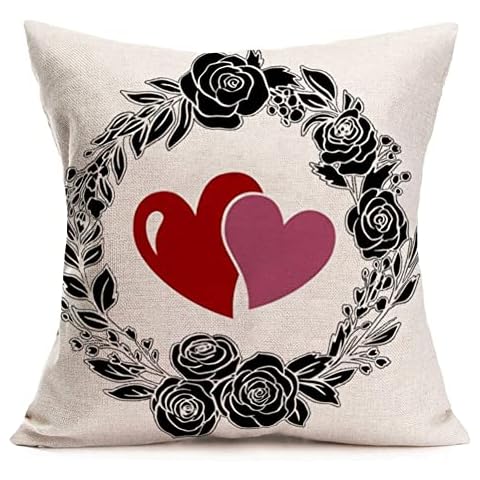 Xihomeli Valentine’s Day Decorations Throw Pillow Cover Black Rose Flowers Wreath Cotton Linen 18x18 Inch Cushion Case Love Heart Weeding Anniversary Square Pillowcase (Love Wreath) Cover