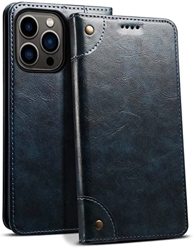 Étui iPhone 13 Pro Max KANUZ en cuir bleu à rabat magnétique 6,7" avec porte-cartes