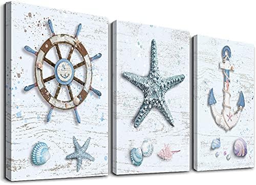 Ocean Decor Beach Decorations for Home Starfish Decor Nautical Bathroom Decor Beach Wall Art Bedroom Living Room Beach Wall Decor Coastal Decor Rudder Anchor Starfish Decor Canvas Wall Art 12"X16"X3