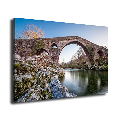 INGENIA HOME Cuadro lienzo canvas Puente Romano de Cangas de Onis Puenton Rio Sella, Principado de Asturias - Alta resolución – Varias medidas (50_x_33_cm)