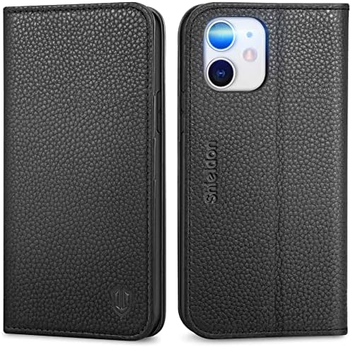SHIELDON Flip Case for iPhone 11 6.1", Genuine Leather Wallet Case with [Kickstand][Credit Card Holder][RFID Blocking] Magnetic Shockproof Protective Case Compatible with iPhone 11 - Retro Black