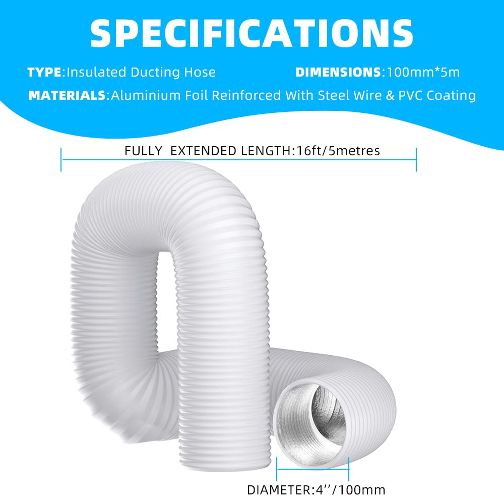 4 Inch (100mm) Flexible Aluminum PVC Ventilation Ducting Hose, 5m White Air Duct Pipe for Extractor Fan Hydroponics - Image 2