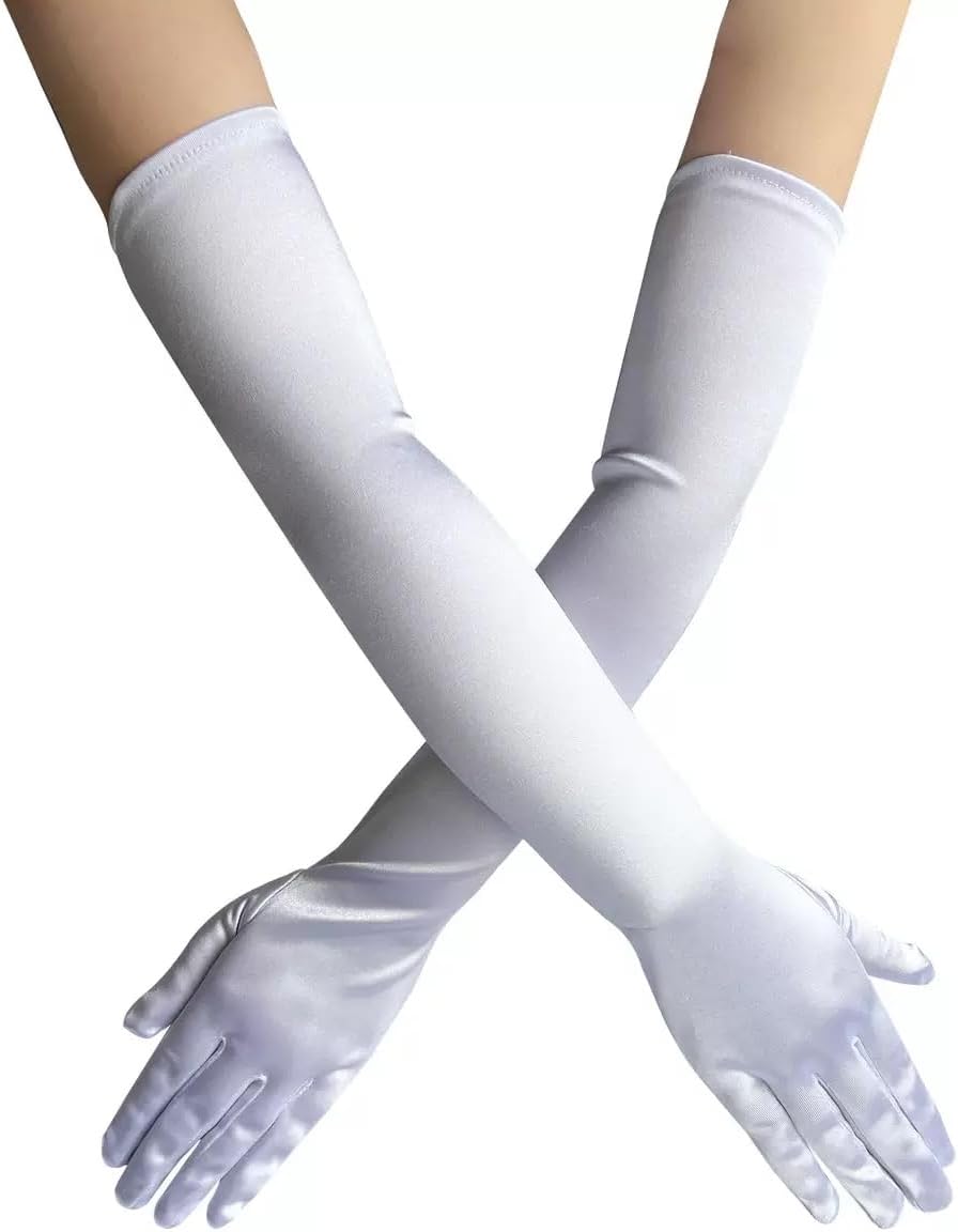 1pair White Satin Long Gloves, Elbow Length Stretchy Adult Size for Dresses party