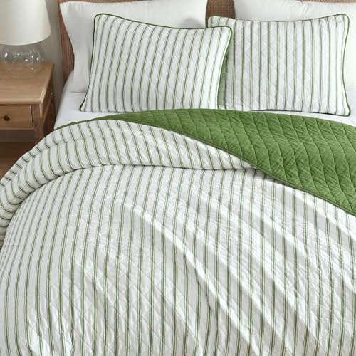 Image of Martha Stewart - King Quilt Set, 100% Soft & Breathable Bedding with a Lightweight Feel for Year Round Comfort, 3 Piece Bed Set with Matching Pillowcases (Ticking Stripe Green)