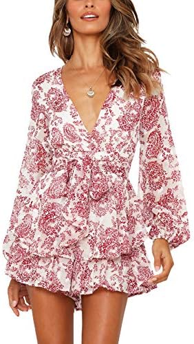 Relipop Women's Jumpsuit Floral Print V Neck Baggy Sleeve Waist Tie Double Layer Ruffle Hem Short Mini Dress Romper