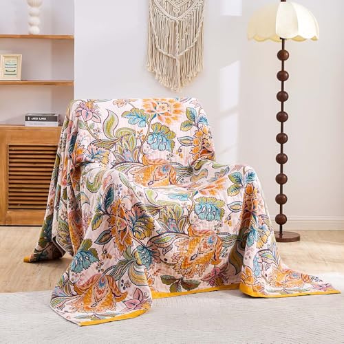 Image of XIBLC Boho Throw Blanket for Bed, 100% Cotton Soft Rustic Quilt Fall Blanket, 50 inchx60 inch Floral Printed Farmhouse Decor Bed Blankets, All Season Rustic Reversible Bohemian Throw Quilt