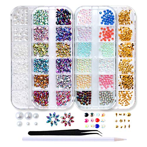 SILPECWEE 4 Boxen mit flacher Rückseite für Nagelkunst-Strasssteine, bunt, mit Pferdeaugen, Kristall-Mix-Größe, Nagelschmuck, Dekoration, mit 1 Pinzette, 1 Picker-Bleistift Cover