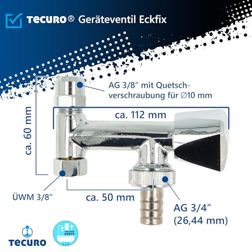 tecuro Geräteventil Eckfix zur Montage auf Eckventil zum Anschluss von Wasch- oder Spülmaschine mit Quetschverschraubung 10 mm,Messing verchromt