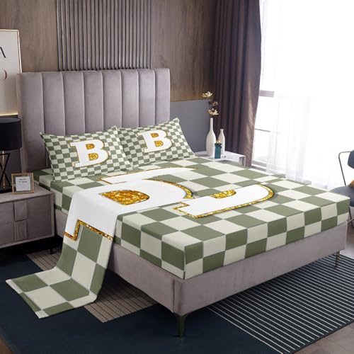 Image of Erosebridal Sage Green Checkered Sheet Set King Plaid Initial B Bed Sheets Personalized Monogram Bedding for Kids Boys Girls,Fashion Grids Gingham Bed Sheets Set 4 Piece