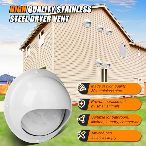Image of Matework Dryer Vent Cover Outside, 4 Inch Stainless Steel Round Dryer Vent, Auto-Open Wall Vent, White (Pack of 2)