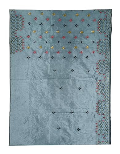 Image of SHRISTI CLOTHINGS Women's Hand Embroidered Cotton Silk Kantha Stitch Saree with Blouse Piece (SB4200924 GREYD46)