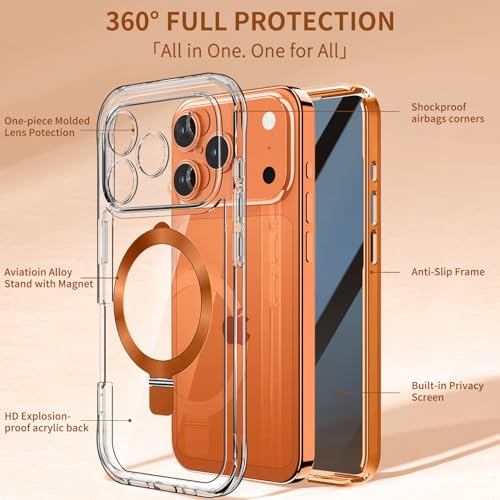 [Built-in Anti Peep Screen Protector & Invisible Magnetic Kickstand] Privacy Case for iPhone 17 Pro Max 6.9'' [Integrated Lens Protection] [Compatible with MagSafe] Full-Body Drop Proof Case - Orange by KMAMBAG - Used condition - Image 4