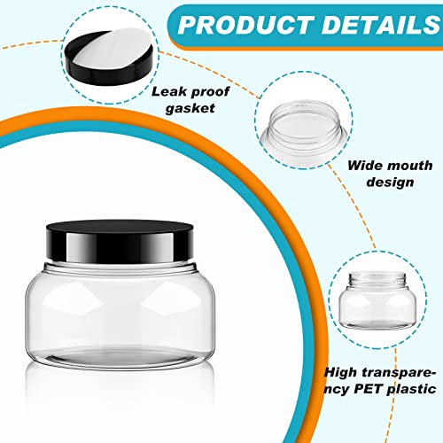 Tessco 24 Pack Plastic Jars with Lids Labels Empty Clear Plastic Jars Round Refillable Cosmetic Containers Body Butter Containers Bulk Sugar Scrub Bottle for Make Up (8 oz,Clear, Black)3