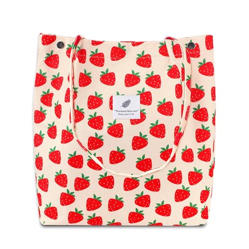 TELLUMO Fashion Corduroy Tote Bag Cow Print Bag Purses for Women with Inner Pocket (Strawberry)