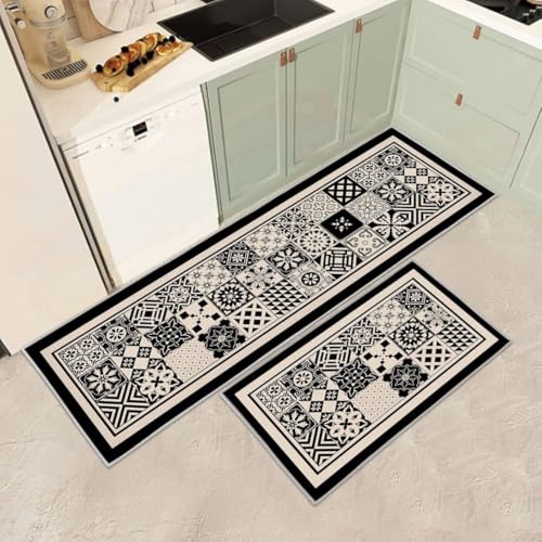 Image of Kitchen Anti Slip Mat for Floor, Waterproof Washable Kitchen Mats, Non Slip Kitchen Floor Mats for Home, Soft Mats for Kitchen, Kitchen Mats for Floor Anti Slip (GEO-Black and White)