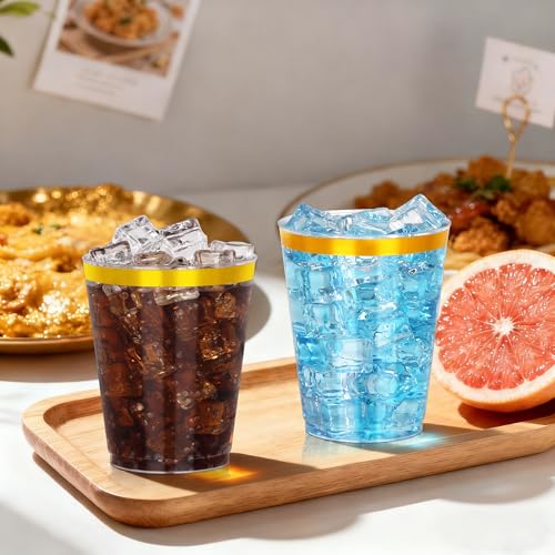 Image of 100 Pcs Gold Plastic Cups,10Oz Gold Rimmed Plastic Cups,Heavy Duty Gold Rim Clear Disposable Plasitc Cocktail Tumblers Wine Cup for Party,Wedding,Birthday,Holiday