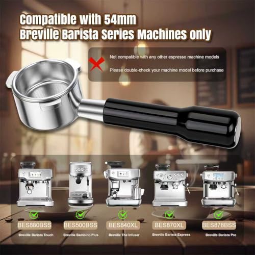 Image of 54mm Bottomless Portafilter fit Breville Barista Express Machines BES870XL 880BSS 878BSS 840XL 500BSS 450BSS BES500,3 Ears Espresso Portafilter with 18g Basket