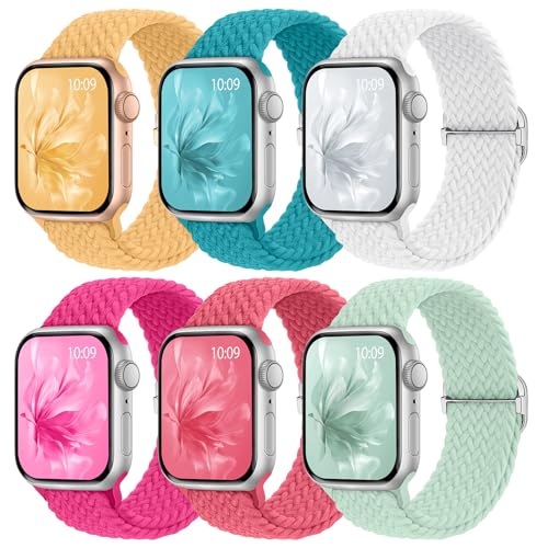 Image of 6 Pack Braided Stretchy Bands Compatible with Apple Watch Band 38mm 40mm 41mm 42mm 44mm 45mm 46mm 49mm Women Men, Adjustable Nylon Solo Loop Elastic Straps for iWatch Series 11 10 9 8 7 6 5 4 SE Ultra